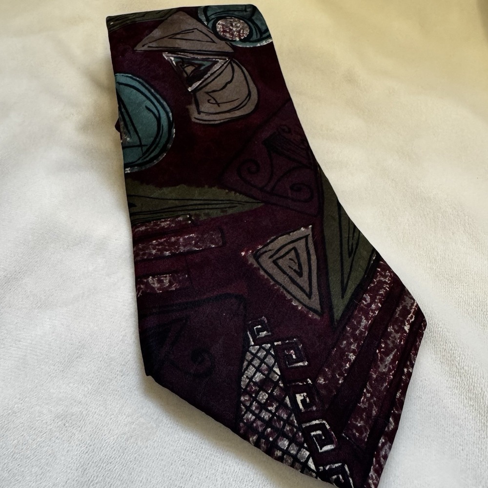 Oscar de la Renta Tie Vintage 90s Abstract Geometric Silk Burgundy Maximalist